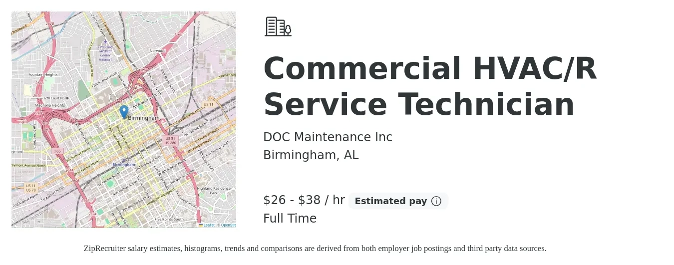 DOC Maintenance Inc job posting for a Commercial HVAC/R Service Technician in Birmingham, AL with a salary of $28 to $40 Hourly with a map of Birmingham location.