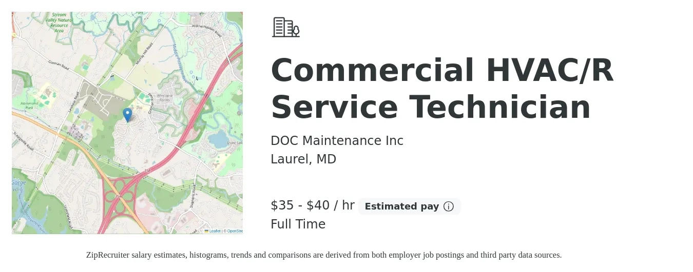 DOC Maintenance Inc job posting for a Commercial HVAC/R Service Technician in Laurel, MD with a salary of $37 to $42 Hourly with a map of Laurel location.