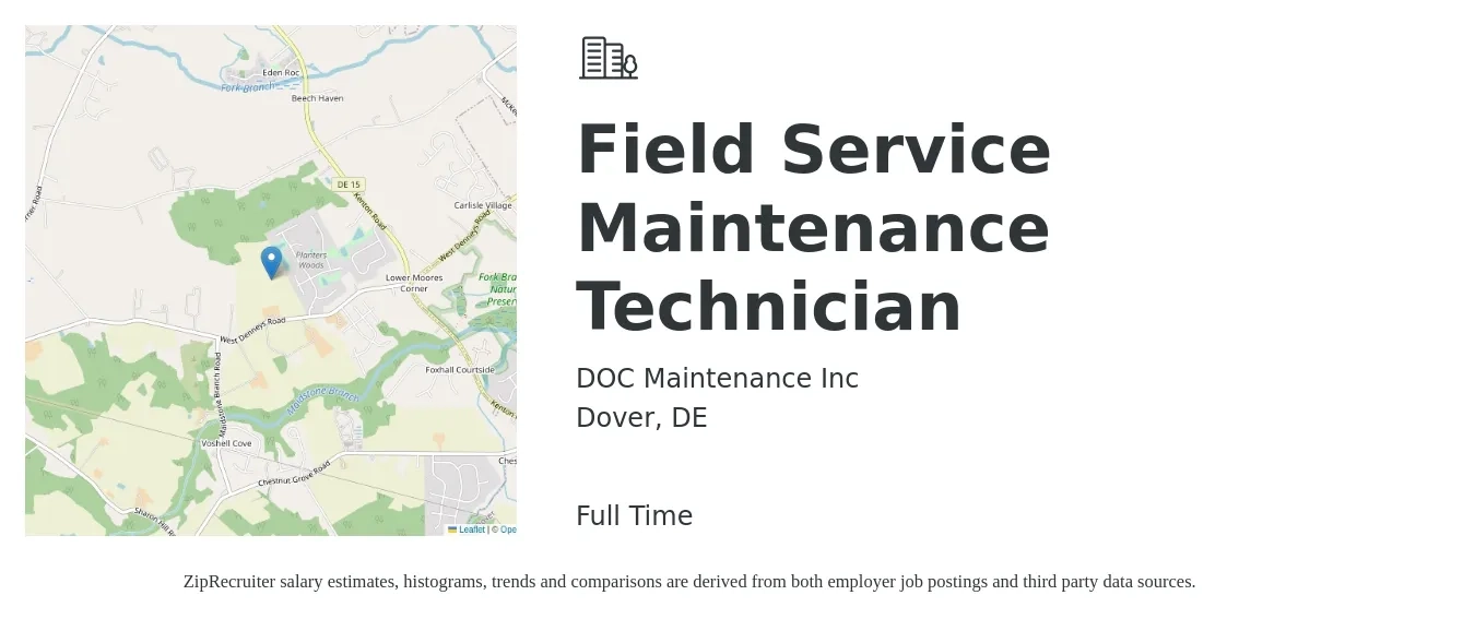 DOC Maintenance Inc job posting for a Field Service Maintenance Technician in Dover, DE with a salary of $20 to $30 Hourly with a map of Dover location.
