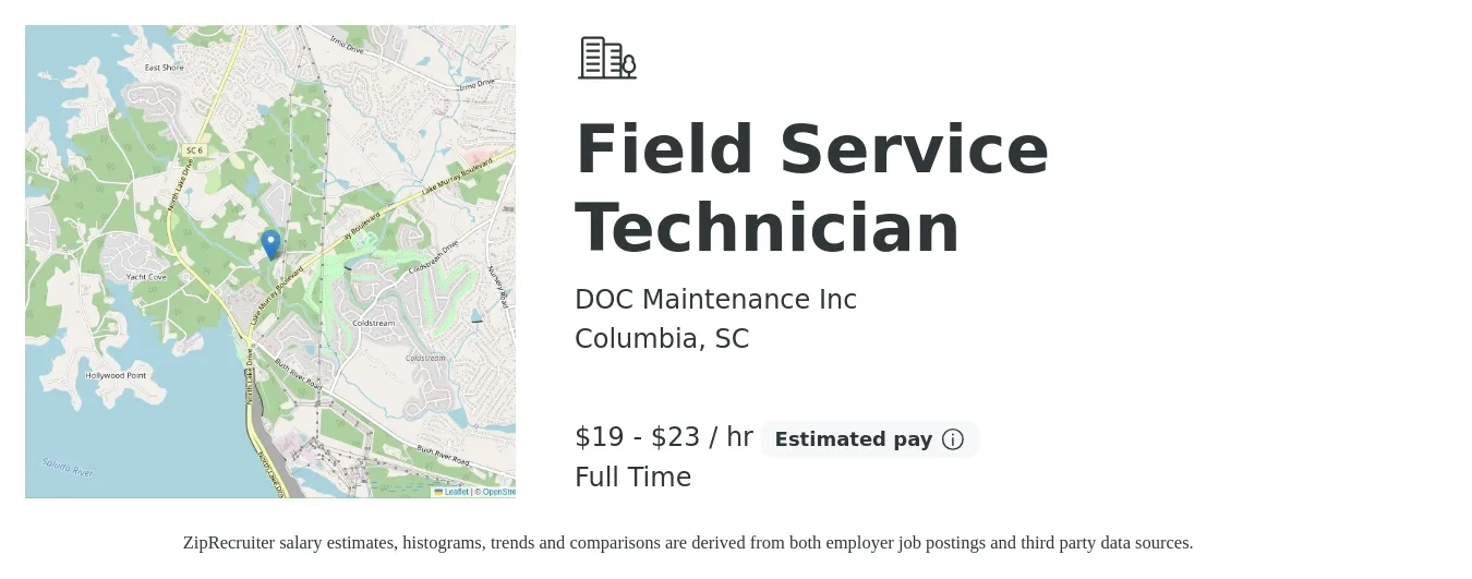 DOC Maintenance Inc job posting for a Field Service Technician in Columbia, SC with a salary of $20 to $24 Hourly with a map of Columbia location.