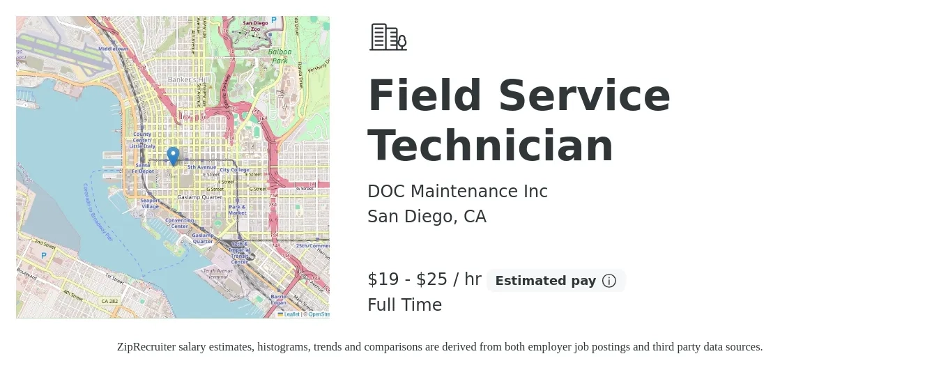 DOC Maintenance Inc job posting for a Field Service Technician in San Diego, CA with a salary of $20 to $26 Hourly with a map of San Diego location.