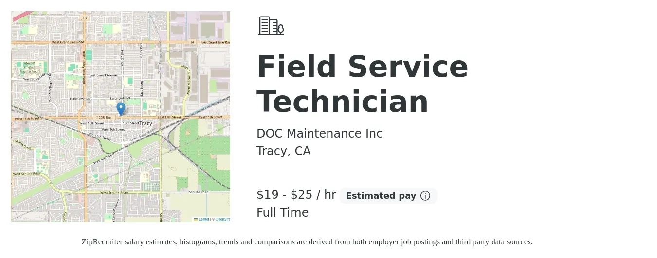 DOC Maintenance Inc job posting for a Field Service Technician in Tracy, CA with a salary of $20 to $26 Hourly with a map of Tracy location.