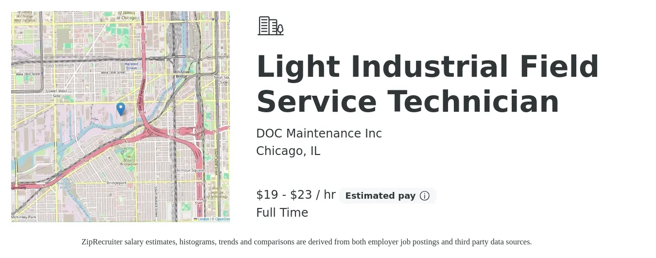 DOC Maintenance Inc job posting for a Light Industrial Field Service Technician in Chicago, IL with a salary of $20 to $24 Hourly with a map of Chicago location.