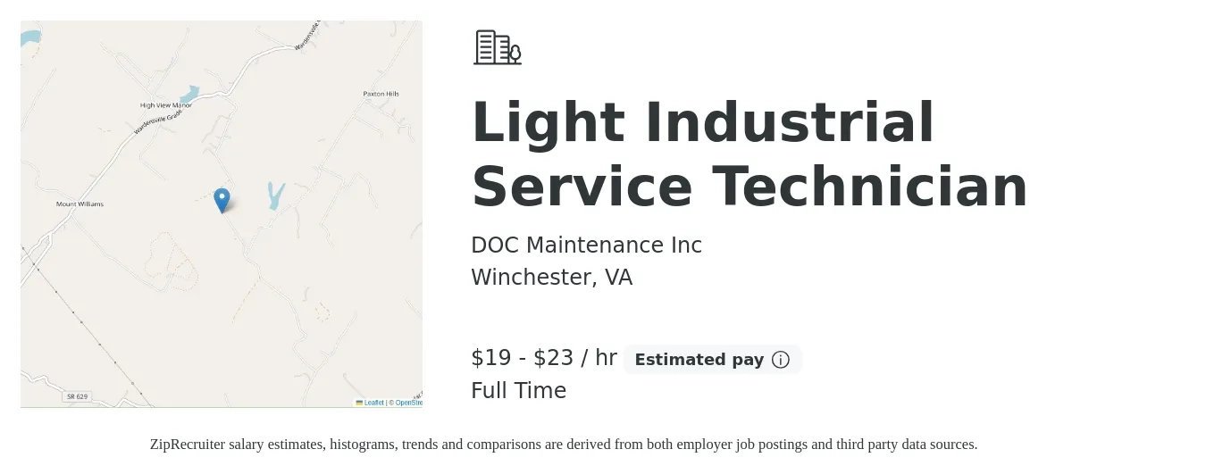 DOC Maintenance Inc job posting for a Light Industrial Service Technician in Winchester, VA with a salary of $20 to $24 Hourly with a map of Winchester location.
