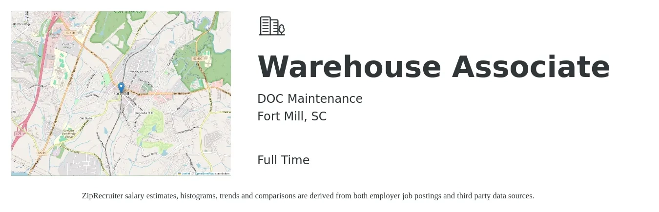 DOC Maintenance Inc job posting for a Warehouse Associate in Fort Mill, SC with a salary of $14 to $17 Hourly with a map of Fort Mill location.