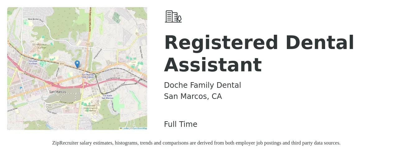 Doche Family Dental job posting for a Registered Dental Assistant in San Marcos, CA with a salary of $18 to $26 Hourly with a map of San Marcos location.