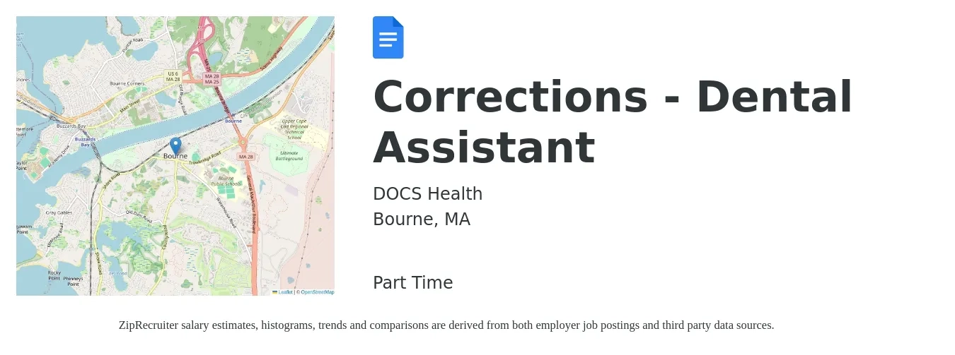 DOCS Health job posting for a Corrections - Dental Assistant in Bourne, MA with a salary of $19 to $25 Hourly with a map of Bourne location.