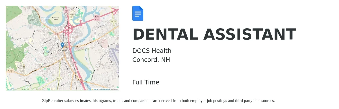 DOCS Health job posting for a DENTAL ASSISTANT in Concord, NH with a salary of $18 to $24 Hourly with a map of Concord location.