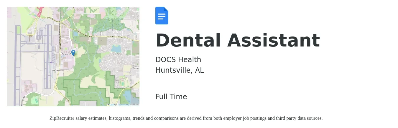 DOCS Health job posting for a Dental Assistant in Huntsville, AL with a salary of $18 to $23 Hourly with a map of Huntsville location.