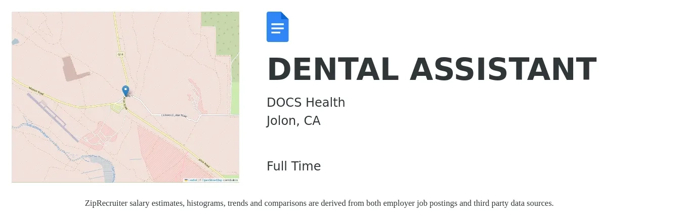 DOCS Health job posting for a DENTAL ASSISTANT in Jolon, CA with a salary of $19 to $25 Hourly with a map of Jolon location.