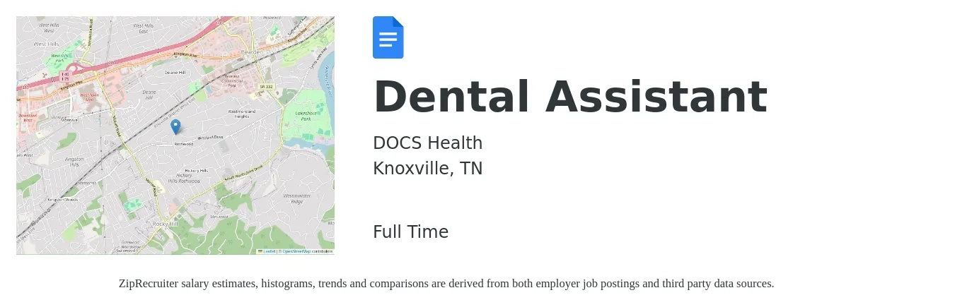 DOCS Health job posting for a Dental Assistant in Knoxville, TN with a salary of $17 to $22 Hourly with a map of Knoxville location.