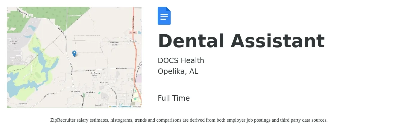 DOCS Health job posting for a Dental Assistant in Opelika, AL with a salary of $16 to $22 Hourly with a map of Opelika location.