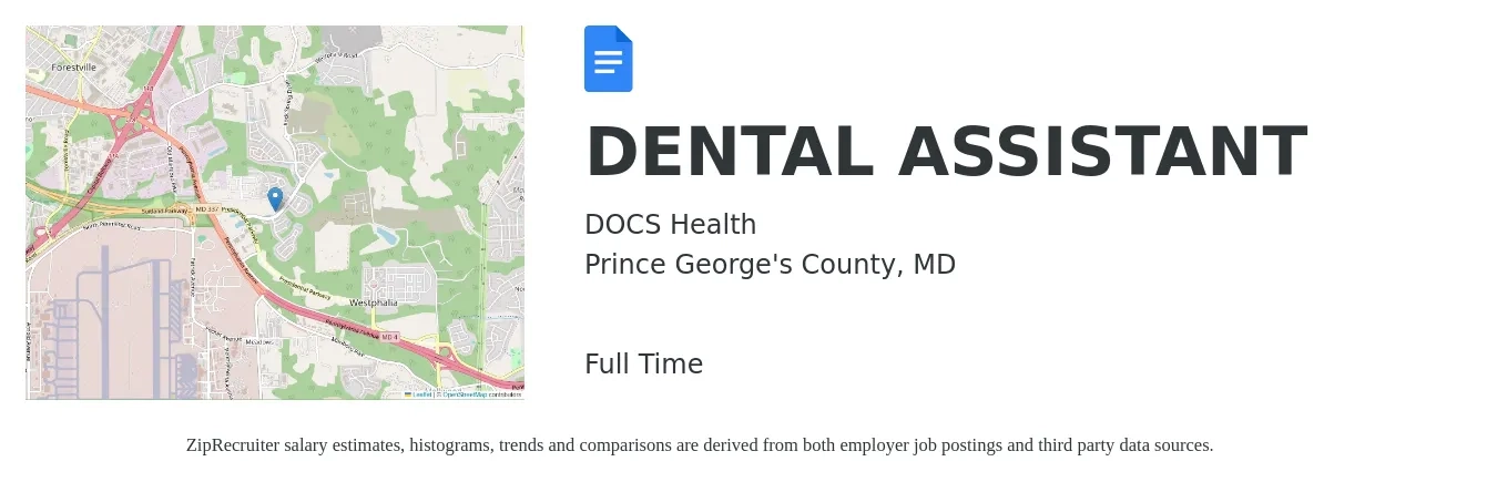 DOCS Health job posting for a DENTAL ASSISTANT in Prince George's County, MD with a salary of $18 to $24 Hourly with a map of Prince George's County location.