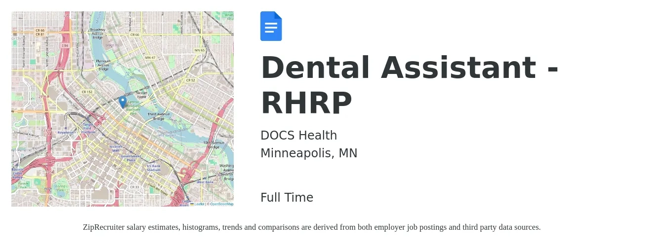 DOCS Health job posting for a Dental Assistant - RHRP in Minneapolis, MN with a salary of $19 to $24 Hourly with a map of Minneapolis location.