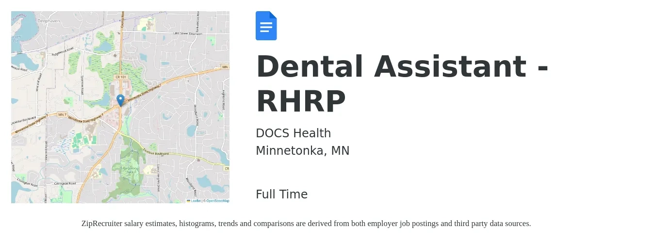 DOCS Health job posting for a Dental Assistant - RHRP in Minnetonka, MN with a salary of $18 to $24 Hourly with a map of Minnetonka location.