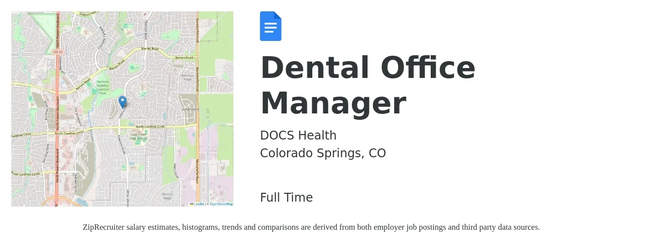 DOCS Health job posting for a Dental Office Manager in Colorado Springs, CO with a salary of $25 to $33 Hourly with a map of Colorado Springs location.