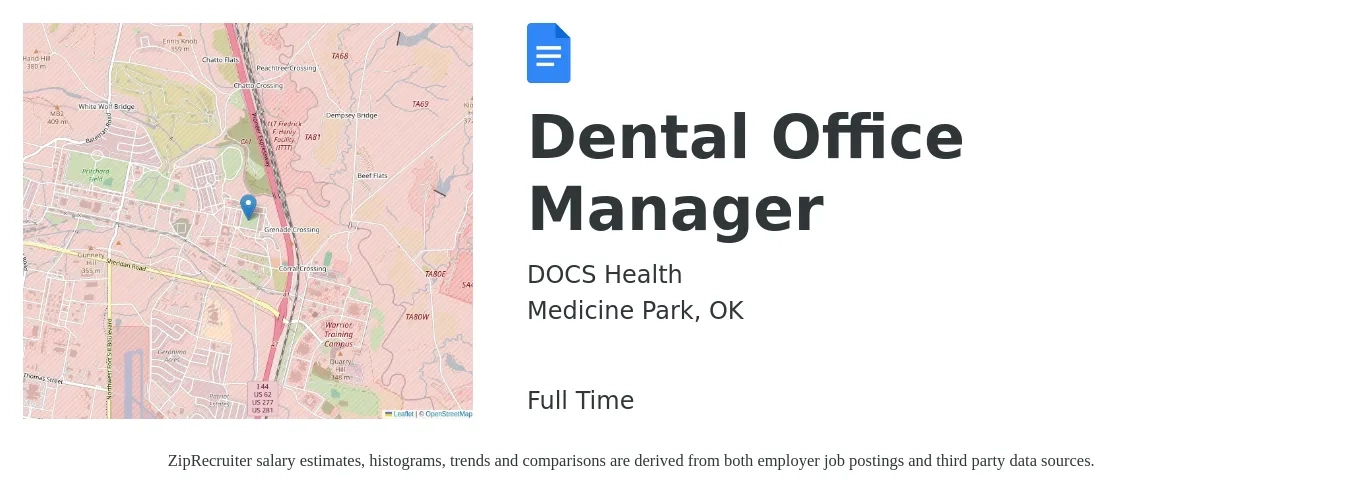 DOCS Health job posting for a Dental Office Manager in Medicine Park, OK with a salary of $23 to $30 Hourly with a map of Medicine Park location.