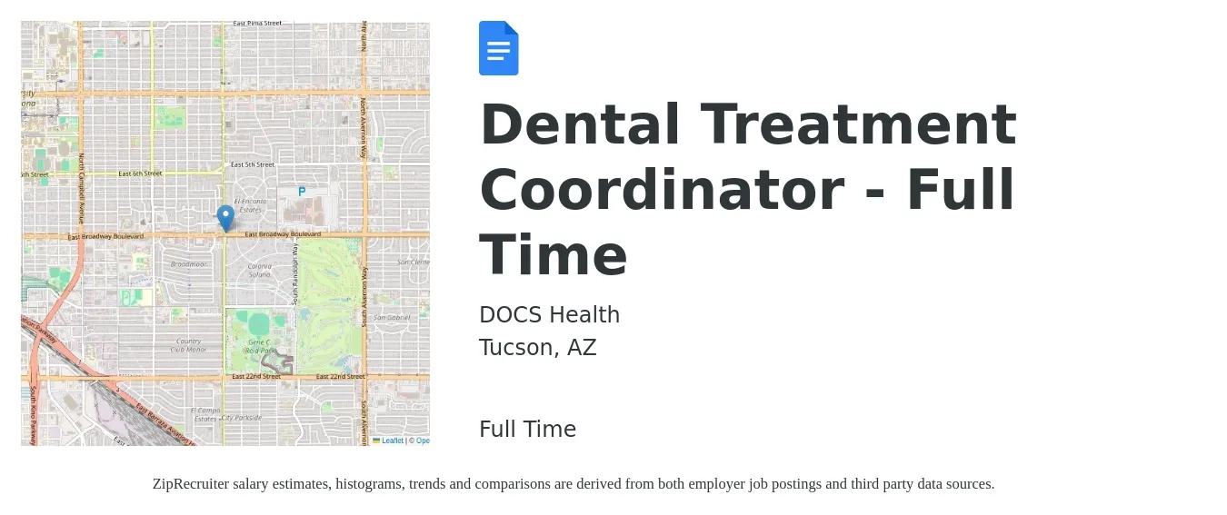 DOCS Health job posting for a Dental Treatment Coordinator - Full Time in Tucson, AZ with a salary of $19 to $25 Hourly with a map of Tucson location.
