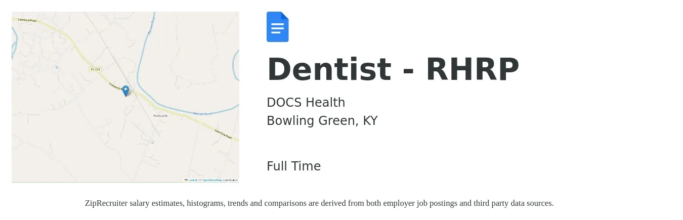DOCS Health job posting for a Dentist - RHRP in Bowling Green, KY with a salary of $128,400 to $231,300 Yearly with a map of Bowling Green location.