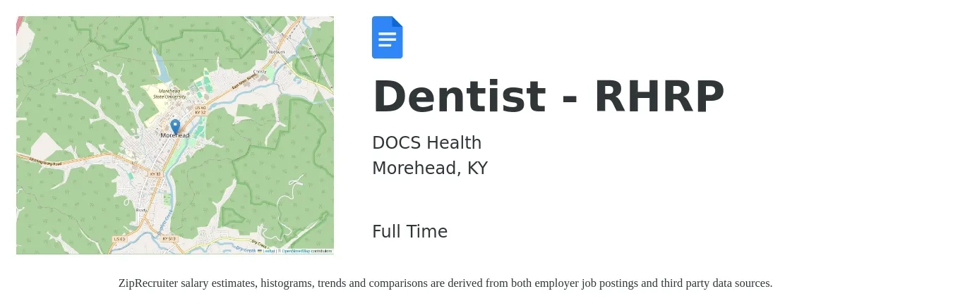 DOCS Health job posting for a Dentist - RHRP in Morehead, KY with a salary of $114,800 to $206,800 Yearly with a map of Morehead location.
