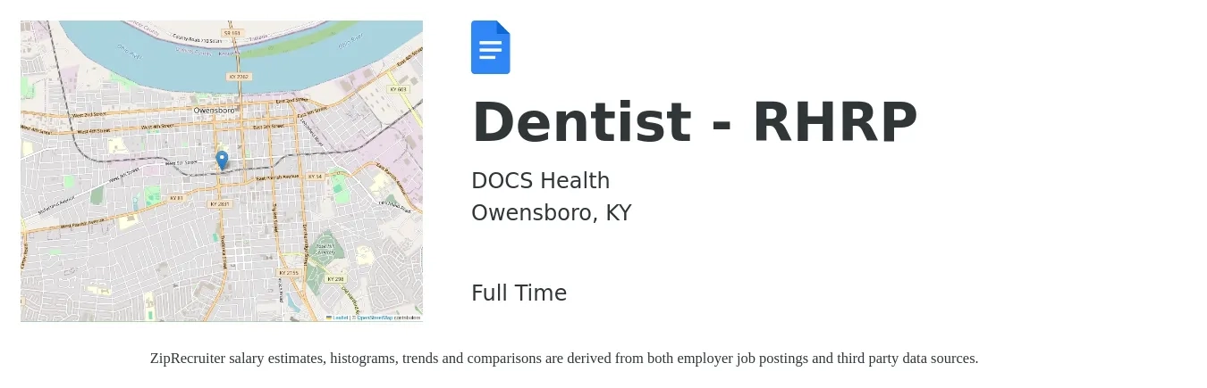DOCS Health job posting for a Dentist - RHRP in Owensboro, KY with a salary of $129,600 to $233,500 Yearly with a map of Owensboro location.