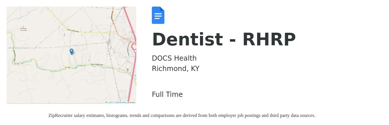 DOCS Health job posting for a Dentist - RHRP in Richmond, KY with a salary of $121,200 to $218,400 Yearly with a map of Richmond location.