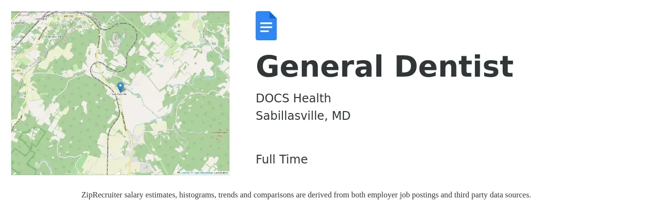 DOCS Health job posting for a General Dentist in Sabillasville, MD with a salary of $154,000 to $248,900 Yearly with a map of Sabillasville location.