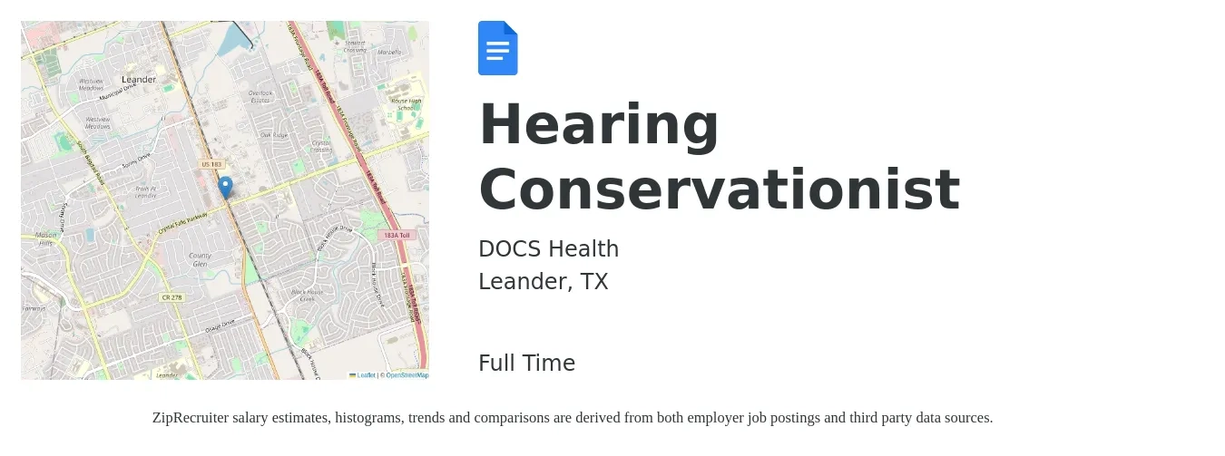 DOCS Health job posting for a Hearing Conservationist in Leander, TX with a salary of $54,900 to $78,800 Yearly with a map of Leander location.