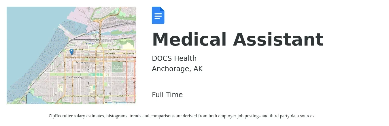 DOCS Health job posting for a Medical Assistant in Anchorage, AK with a salary of $18 to $23 Hourly with a map of Anchorage location.