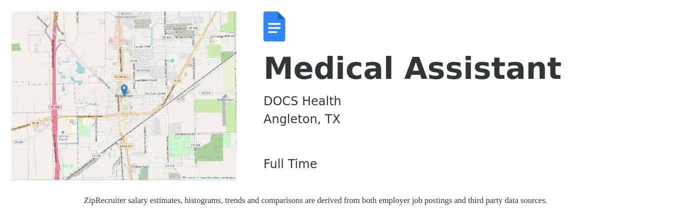 DOCS Health job posting for a Medical Assistant in Angleton, TX with a salary of $15 to $19 Hourly with a map of Angleton location.