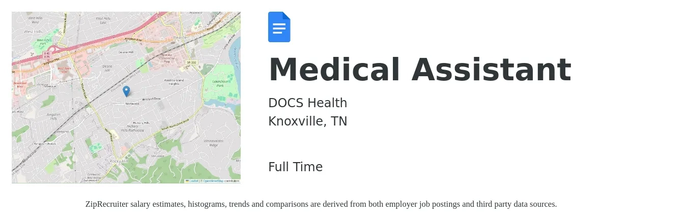 DOCS Health job posting for a Medical Assistant in Knoxville, TN with a salary of $17 to $22 Hourly with a map of Knoxville location.