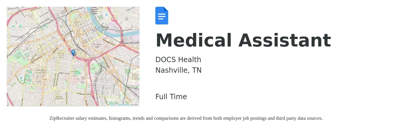 DOCS Health job posting for a Medical Assistant in Nashville, TN with a salary of $17 to $22 Hourly with a map of Nashville location.