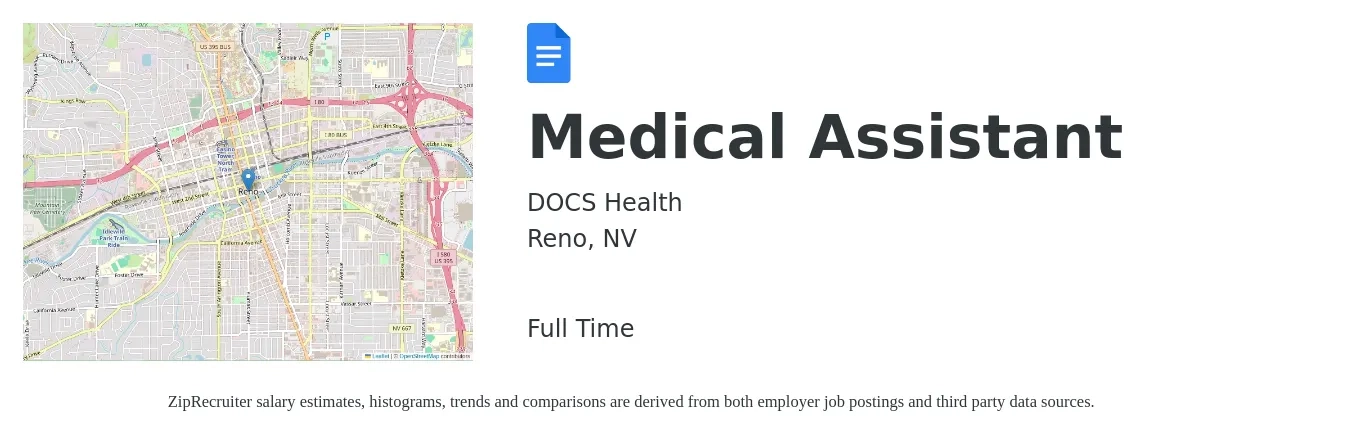 DOCS Health job posting for a Medical Assistant in Reno, NV with a salary of $18 to $23 Hourly with a map of Reno location.