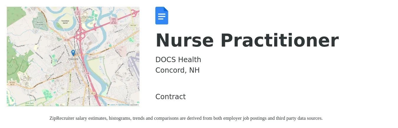 DOCS Health job posting for a Nurse Practitioner in Concord, NH with a salary of $108,700 to $151,000 Yearly with a map of Concord location.