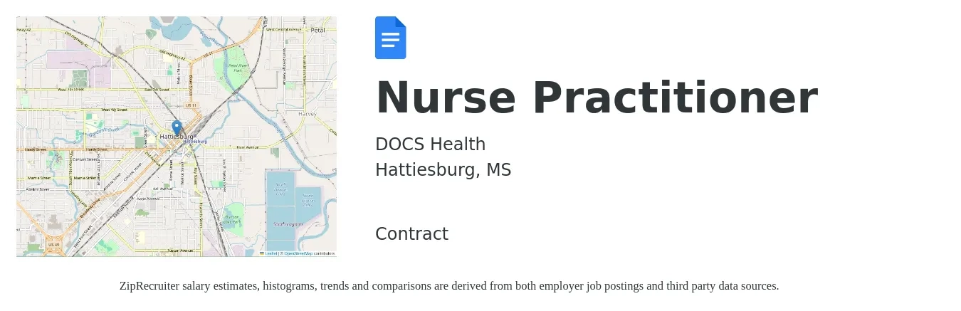 DOCS Health job posting for a Nurse Practitioner in Hattiesburg, MS with a salary of $107,100 to $148,700 Yearly with a map of Hattiesburg location.