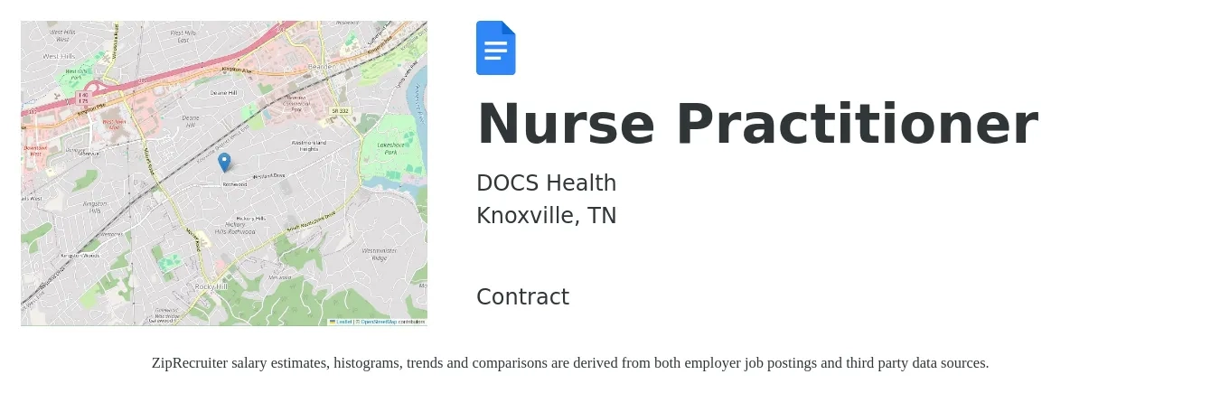 DOCS Health job posting for a Nurse Practitioner in Knoxville, TN with a salary of $103,100 to $143,200 Yearly with a map of Knoxville location.