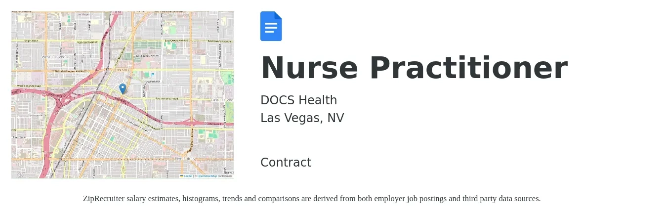 DOCS Health job posting for a Nurse Practitioner in Las Vegas, NV with a salary of $103,100 to $143,300 Yearly with a map of Las Vegas location.