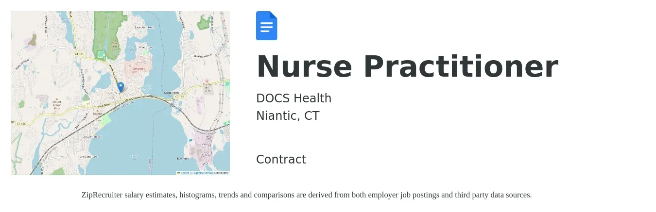 DOCS Health job posting for a Nurse Practitioner in Niantic, CT with a salary of $98,700 to $137,100 Yearly with a map of Niantic location.