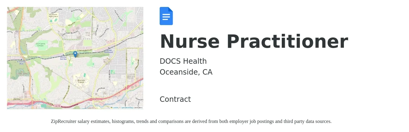 DOCS Health job posting for a Nurse Practitioner in Oceanside, CA with a salary of $111,700 to $155,200 Yearly with a map of Oceanside location.
