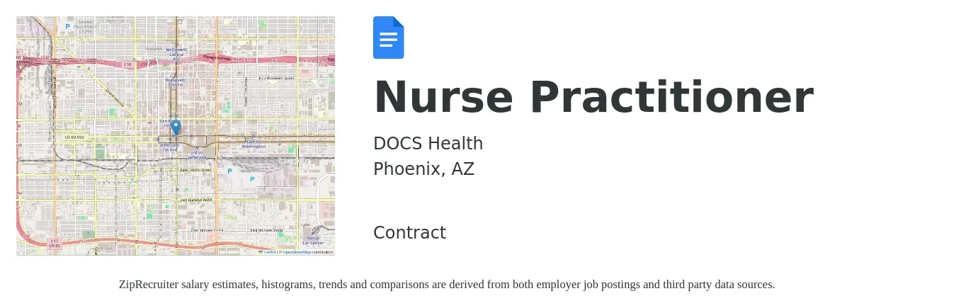 DOCS Health job posting for a Nurse Practitioner in Phoenix, AZ with a salary of $107,200 to $148,900 Yearly with a map of Phoenix location.