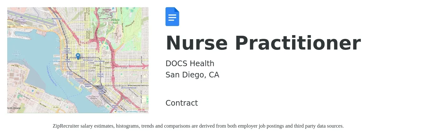 DOCS Health job posting for a Nurse Practitioner in San Diego, CA with a salary of $114,700 to $159,300 Yearly with a map of San Diego location.