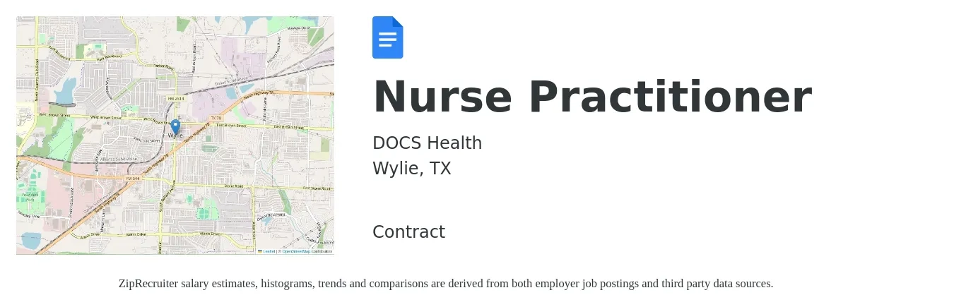 DOCS Health job posting for a Nurse Practitioner in Wylie, TX with a salary of $103,700 to $144,000 Yearly with a map of Wylie location.