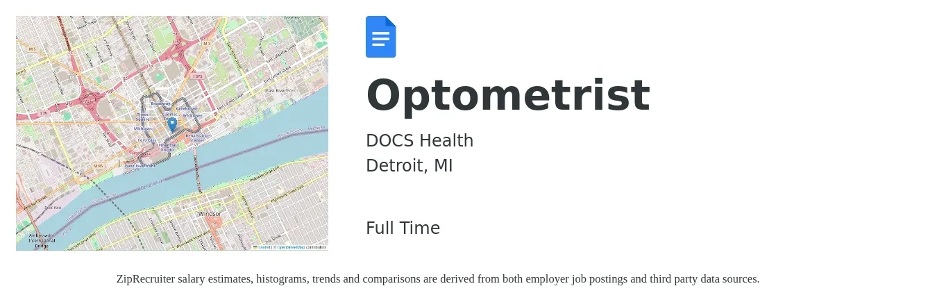DOCS Health job posting for a Optometrist in Detroit, MI with a salary of $97,000 to $144,500 Yearly with a map of Detroit location.