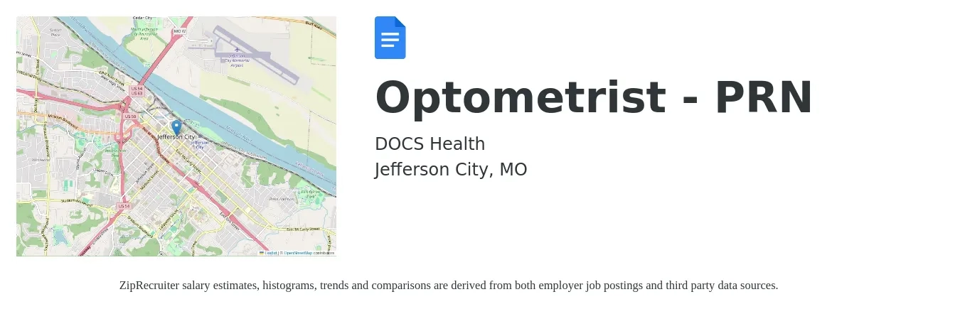 DOCS Health job posting for a Optometrist - PRN in Jefferson City, MO with a salary of $92,900 to $138,400 Yearly with a map of Jefferson City location.