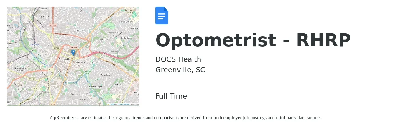 DOCS Health job posting for a Optometrist - RHRP in Greenville, SC with a salary of $92,100 to $137,300 Yearly with a map of Greenville location.