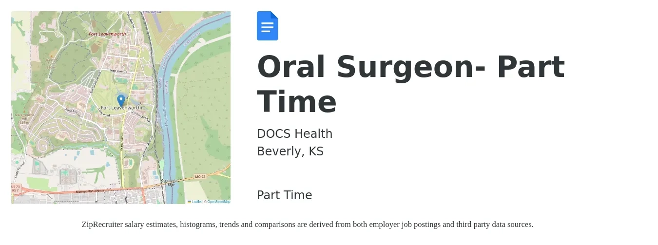 DOCS Health job posting for a Oral Surgeon- Part Time in Beverly, KS with a salary of $291,600 to $384,900 Yearly with a map of Beverly location.