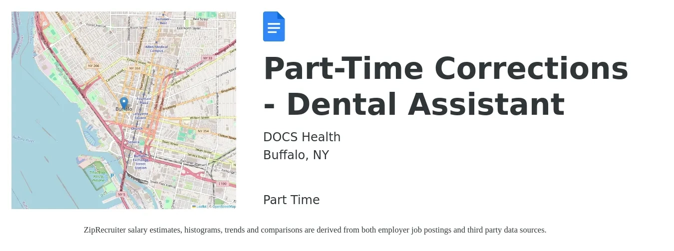 DOCS Health job posting for a Part-Time Corrections - Dental Assistant in Buffalo, NY with a salary of $18 to $23 Hourly with a map of Buffalo location.