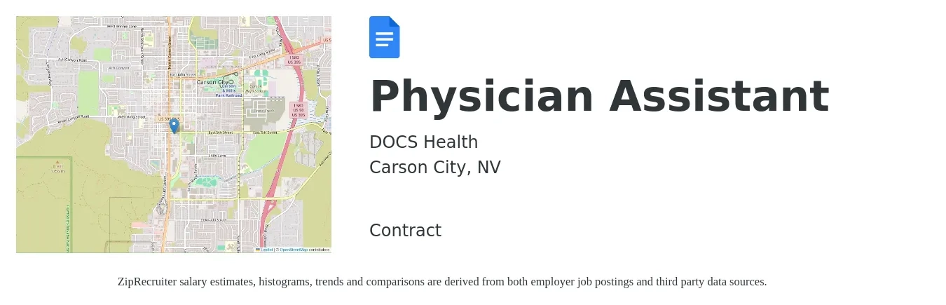DOCS Health job posting for a Physician Assistant in Carson City, NV with a salary of $97,900 to $132,700 Yearly with a map of Carson City location.