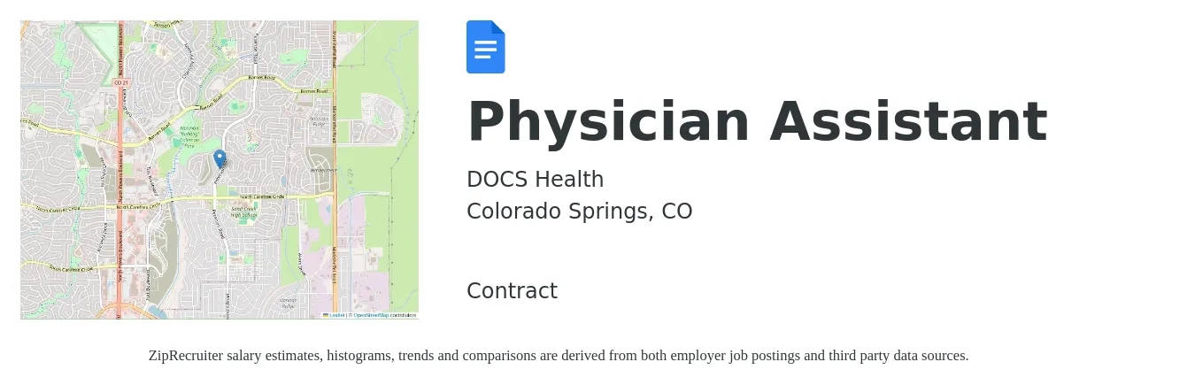 DOCS Health job posting for a Physician Assistant in Colorado Springs, CO with a salary of $98,500 to $133,500 Yearly with a map of Colorado Springs location.