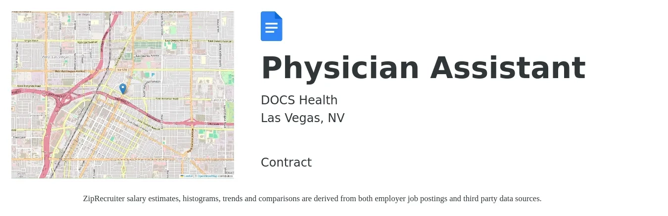 DOCS Health job posting for a Physician Assistant in Las Vegas, NV with a salary of $95,500 to $129,400 Yearly with a map of Las Vegas location.